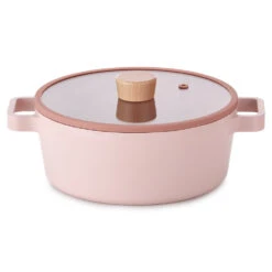 Neoflam Fika 22cm Stockpot Induction With Silicon Rim Glass Lid Pink