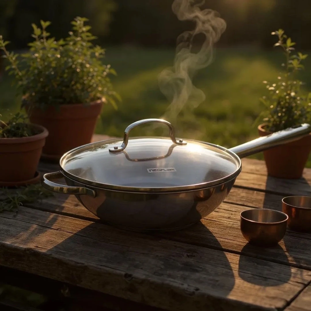 Neoflam Stainless Steel 30cm Wok Pan With Glass Lid 2 Neoflam Stainless Steel 30cm Wok Pan With Glass Lid - Image 2