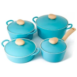 Neoflam Retro 4 Piece Set 18cm Saucepan 22cm Casserole 26cm Casserole & 26cm Low Casserole Induction With Die-Cast Lid Mint